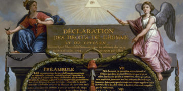 Jean-Jacques-François Le Barbier (dit l'Aîné, attribué à, 1738-1826). "Déclaration des droits de l'homme et du citoyen. La Monarchie, tenant les chaînes brisées de la Tyrannie, et le génie de la Nation, tenant le sceptre du Pouvoir, entourent le préambule de la déclaration" (Huile sur bois (détail). Paris, musée Carnavalet)
